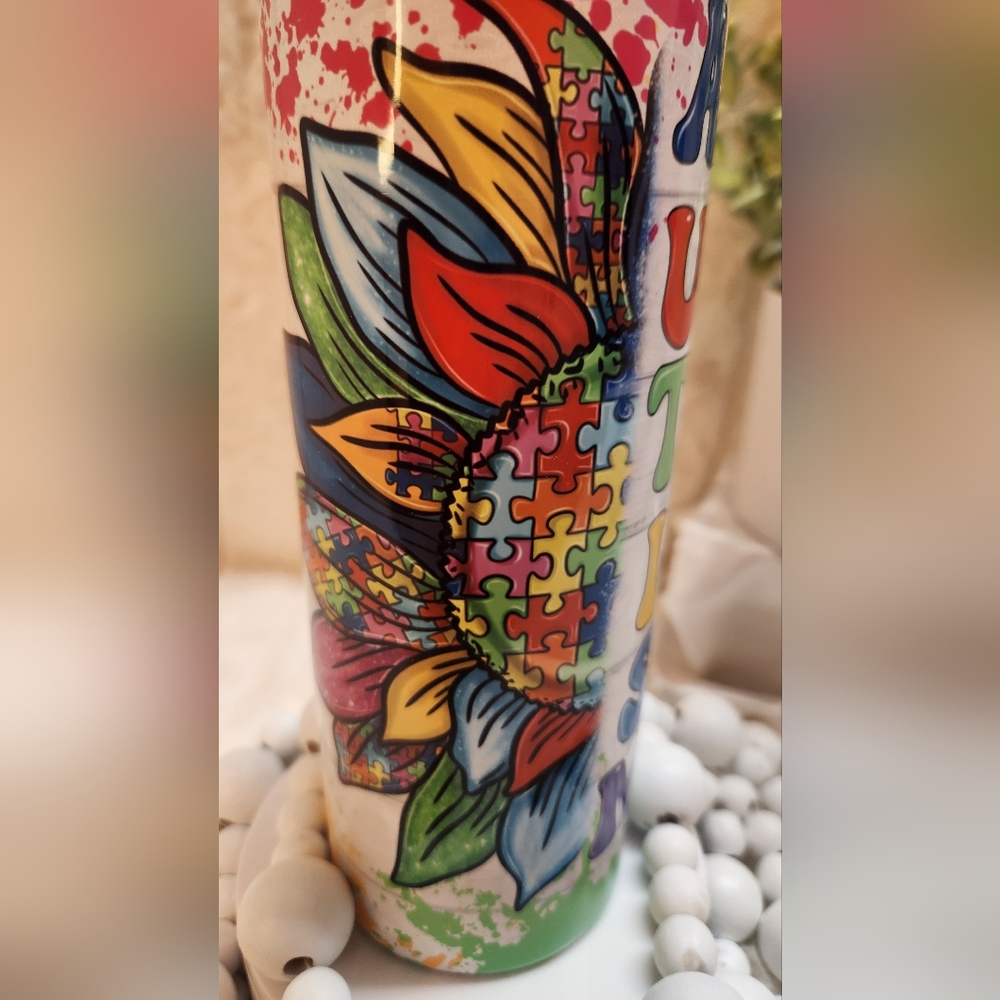 Colorful Autism Puzzle Pattern Tumbler. Hand Crafted. NIB 20oz
